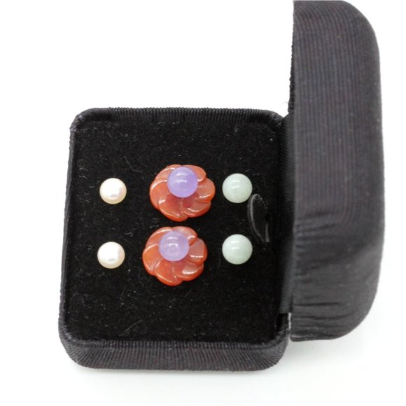 6 pairs 925 STERLING GSI Hong Kong, pearl, jade earring set vintage in case - Picture 4 of 8